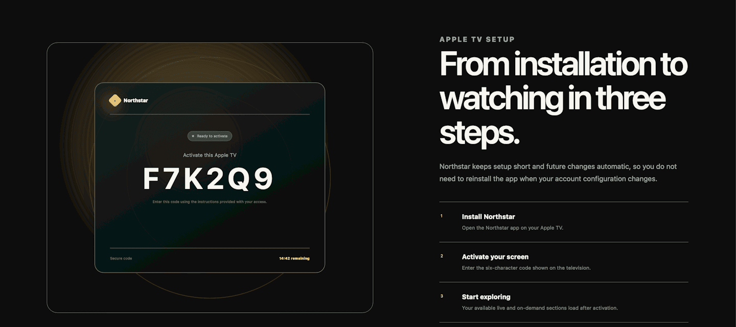 Northstar Apple TV activation screen and the three setup steps